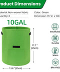 6 Pack 10 Gallon Potato Grow Bags With View Window, large green fabric plant pot with handles, dimensions and features shown.
