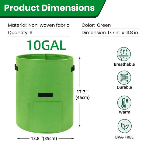 6 Pack 10 Gallon Potato Grow Bags With View Window, large green fabric plant pot with handles, dimensions and features shown.