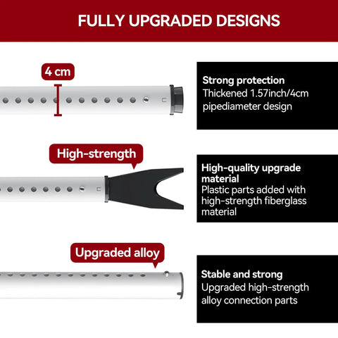 Diagram of upgraded design for Upgraded Door Security Bar And Sliding Patio Bar Heavy Duty Adjustable Jammer showing thickness and materials.
