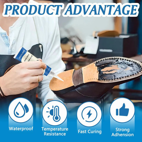 Person applying Shoe Sole Repair Glue For Heel Wear And Cracking, Heavy Duty Adhesive For Rubber TPU Oxford PU EVA Leather Soles.