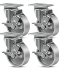 4 Inch Heavy Duty Casters Set Of 4 With Swivel Brake Wheels, Badass Cast Iron Semi Steel wheels mounted in a row.