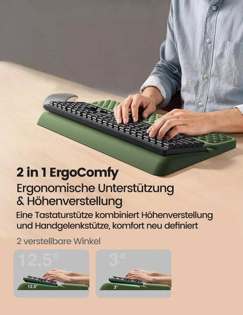 Person using All In One Ergonomic Keyboard Stand With Built In Wrist Rest And Memory Foam Pad No Slip Desk Cushion in green at desk