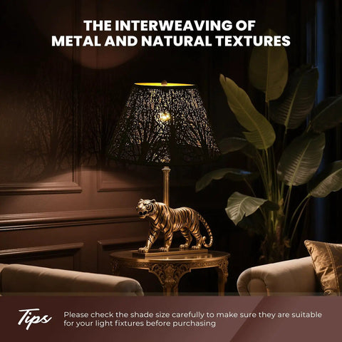 Metal Lamp Shade Replacement For Table Floor And Pendant Lights, 7 Inch Top, 13 Inch Bottom, Empire Bell Style on table with tiger base
