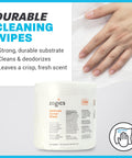 Hand using gym equipment and surface cleaning wipes for wellness centers, durable pre saturated wipes for machines and mats.