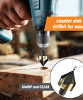 Five Piece HSS Countersink Drill Bit Set With Hex Shank For Wood And Metal, showing drill in action on wooden surface