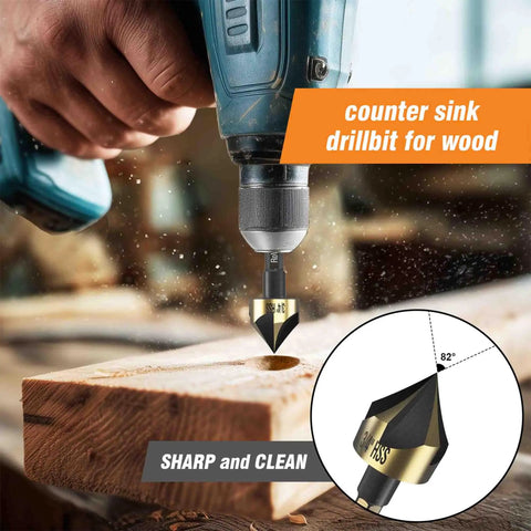 Five Piece HSS Countersink Drill Bit Set With Hex Shank For Wood And Metal, showing drill in action on wooden surface