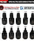 Screw Extractor Set 10 Piece Hex Head Easy Outs For Stripped Fasteners MultiSpline EZ Out Kit From One Eighth To Thirteen Thirty Second Inch Heavy Duty Pro Grade CRMO Hardened Extractors For Broken Screws displayed with size labels