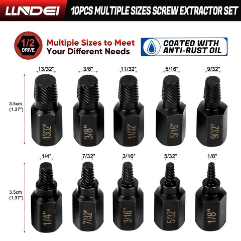 Screw Extractor Set 10 Piece Hex Head Easy Outs For Stripped Fasteners MultiSpline EZ Out Kit From One Eighth To Thirteen Thirty Second Inch Heavy Duty Pro Grade CRMO Hardened Extractors For Broken Screws displayed with size labels