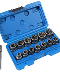 14 Piece Bolt Extractor Kit For Stripped Damaged Rusted And Frozen Nuts And Bolts Three Eighths Inch Drive Socket Set With SAE And Metric Sizes Lug Nut Remover Ready To Tackle Stubborn Fasteners displayed in a blue case.
