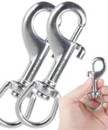 Heavy Duty Marine Grade 316 Stainless Steel Bolt Snap Hooks Smooth Swivel Base shown with a hand grasping a smaller hook.