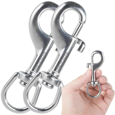 Heavy Duty Marine Grade 316 Stainless Steel Bolt Snap Hooks Smooth Swivel Base shown with a hand grasping a smaller hook.