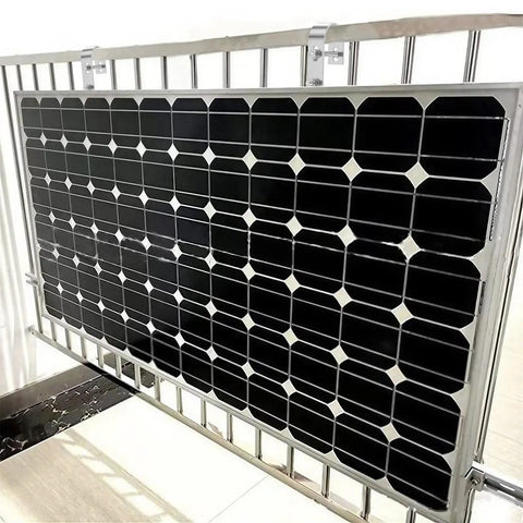Heavy Duty Solar Panel Balcony Bracket Kit mounted on railing, showing 2 Pcs 304 Stainless Steel PV Module Mounting Hooks.