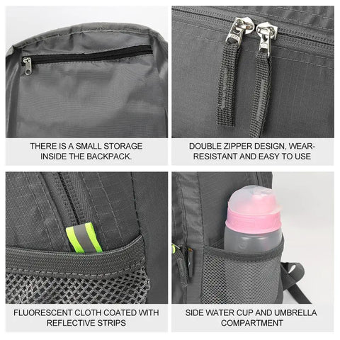 Image of 20L Lightweight Hiking Daypack For Outdoors Foldable Travel Backpack with compartments, zippers, reflective strips, and side pocket.