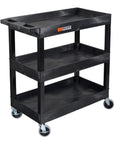 Three Tier Rolling Utility Cart With Locking Wheels Heavy Duty Cart Supports 300 Lbs Ideal For Garage Kitchen And Office Storage Durable Plastic Shelves Black 32 By 18 Inches