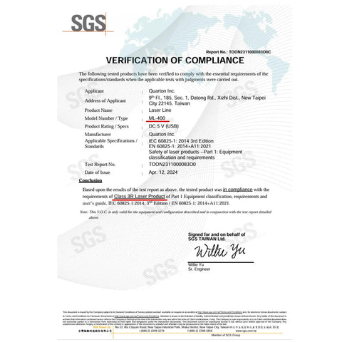 Verification certificate for ML 400 Green Line Laser Level For Outdoor Projects