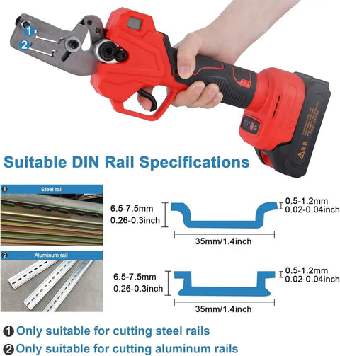 Rechargeable Electric DIN Rail Cutter Tool With Double Groove For 35mm Wide And 7.5mm High Aluminum And Steel Rails Portable Pro Grade Cutter For Clean Fast Professional Cuts, hand holding red cutter