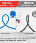Comparison showing Blue One Quarter Inch Outer Diameter PA12 Nylon DOT Air Line Pneumatic Tubing with strong flexibility vs polyurethane, highlighting material differences.