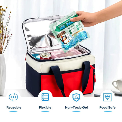 Person placing Five Pack Reusable Ice Packs For Lunch Boxes And Coolers, 12 Plus Hour Cooling Gel Packs for Camping into cooler bag