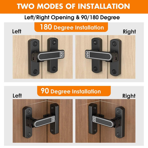 Adjustable Barn Door Latch For Self Aligning Sliding Doors With Height Tuning From 0 To 7 Millimeters Locks At Ninety Or One Hundred Eighty Degrees Zinc Alloy Construction In Black And Luminous Finish For Barns Sheds And Garden Fence Doors demonstrating installation modes.