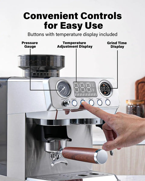 Convenient controls on Badass 20 Bar Espresso Machine With Built In Anti Static Grinder for home baristas.