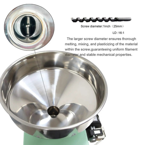Pro Grade Single Screw Filament Extruder Cranks Out 3D Printer Material From PEEK ABS PLA PETG TPU TPE Without The Hassle And Features A Beefy One Inch Screw, showing the large one-inch screw and stainless steel hopper design.