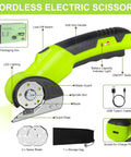 Rechargeable Cordless Electric Scissors With Sharp High Carbon Steel Blades And A Bright LED Light detail view of soft grip handle and features.