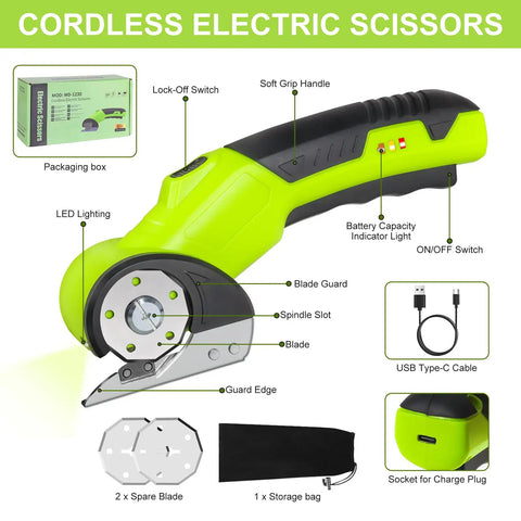Rechargeable Cordless Electric Scissors With Sharp High Carbon Steel Blades And A Bright LED Light detail view of soft grip handle and features.