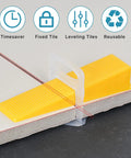 Close-up of All In One Tile Leveling System With Pliers And Spacers Kit Including 600 Clips 200 Reusable Wedges And 1 Rubber Mallet in use