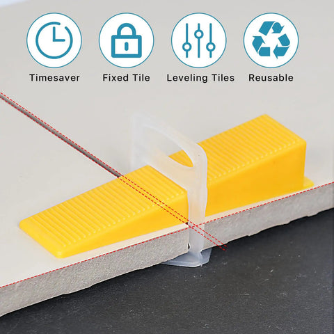 Close-up of All In One Tile Leveling System With Pliers And Spacers Kit Including 600 Clips 200 Reusable Wedges And 1 Rubber Mallet in use