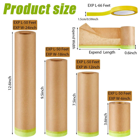 Image showing sizes of Eight Roll Masking Tape And Paper Set With Six Paper Rolls And Two Yellow Painter Tapes for auto body painting.