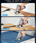 High Performance Electric Cardboard Cutter Featuring Four Adjustable Speeds And Sharp Stainless Steel Blades That Cut Smooth As Butter Through Fabric Leather And Thick Packages With Zero Sweat Or Mess, shown cutting fabric, packages, and carpet.