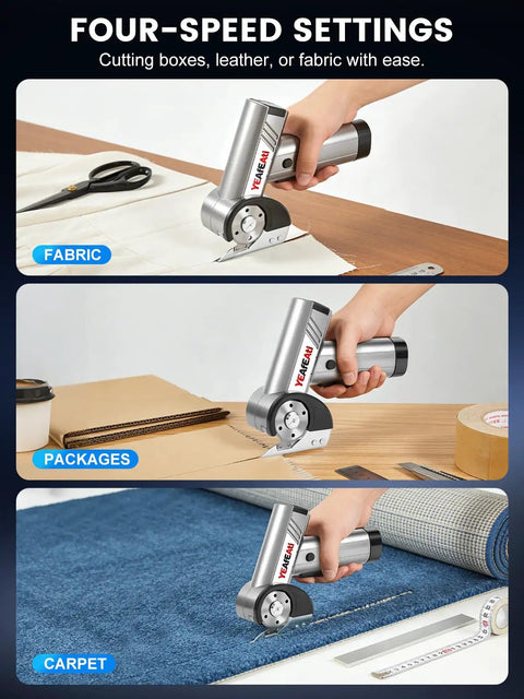 High Performance Electric Cardboard Cutter Featuring Four Adjustable Speeds And Sharp Stainless Steel Blades That Cut Smooth As Butter Through Fabric Leather And Thick Packages With Zero Sweat Or Mess, shown cutting fabric, packages, and carpet.