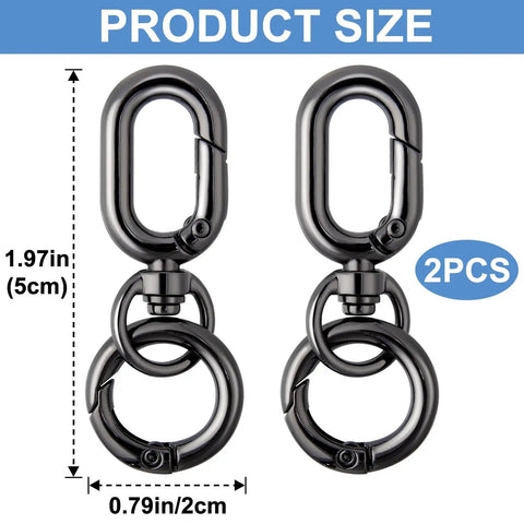 Heavy Duty Zinc Alloy Swivel Clip Locks Beefy Double Opening Snap Hooks For Bags Keys Lanyards Rock Solid Black Metal Fasteners 2PCS with measurements.