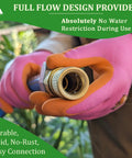 Close-up of Heavy Duty Brass Hose Quick Connect Fittings 3/4-Inch Garden Hose Quick Disconnect Set in use with gloved hand.