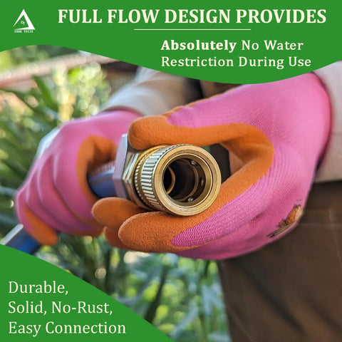 Close-up of Heavy Duty Brass Hose Quick Connect Fittings 3/4-Inch Garden Hose Quick Disconnect Set in use with gloved hand.