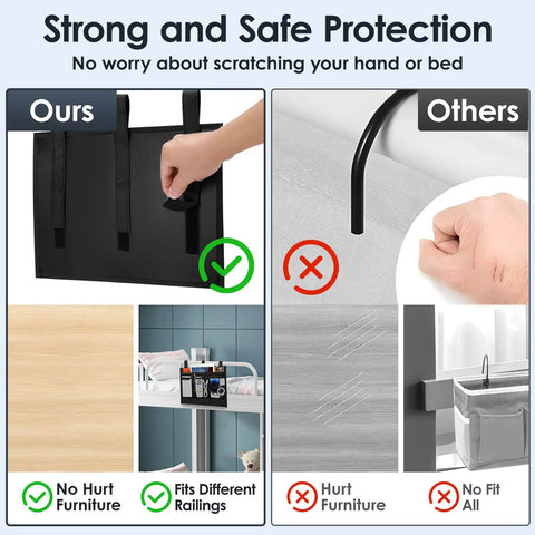 Comparison of Bedside Caddy Organizer With Four Pockets Hanging Nightstand Storage and alternative designs on railings.