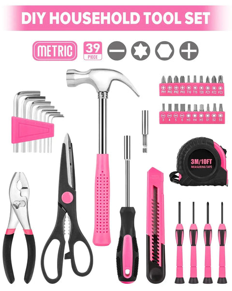 Pink 39 Piece Household Tool Set With Plastic Toolbox Essential Hand Tool Kit For Home Repairs DIY Projects Crafting