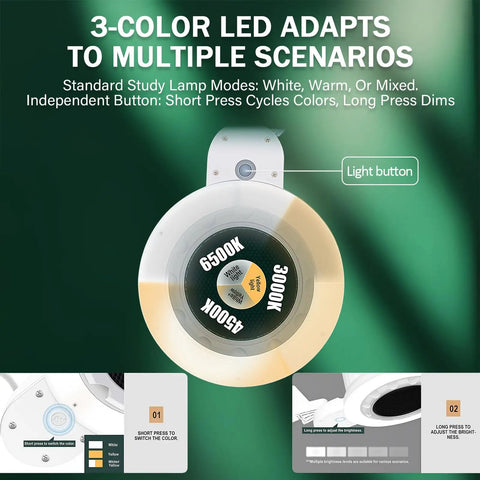 3-color LED modes on Pro Grade Nail Dust Collector With Dimmable LED Lamp, 360 Degree Adjustable Suction, 2 Reusable Filters, Quiet Motor