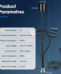 Diagram of 1200 Lumen Magnetic Work Light With Extendable 16 Inch Gooseneck And Strong Magnetic Base For Hands Free Illumination, product specs visible