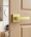 Brushed Gold Dummy Door Handle No Turn Lever For French Doors And Closets, Heavy Duty Ambidextrous Interior Push Pull Door Hardware, Non Functional Single Sided Latch Replacement, 1 Pack on wood door