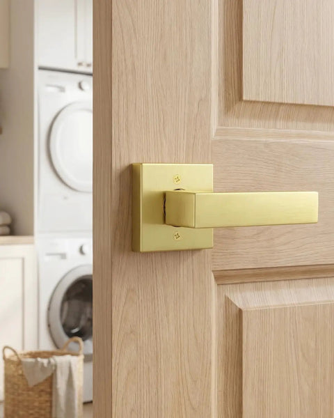 Brushed Gold Dummy Door Handle No Turn Lever For French Doors And Closets, Heavy Duty Ambidextrous Interior Push Pull Door Hardware, Non Functional Single Sided Latch Replacement, 1 Pack on wood door