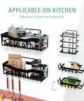 Stick On Shower Caddy Set Five Pack For Rustproof Stainless Steel No Drill Bathroom Organization With Large Capacity Shelves Waterproof Storage Racks For Shower Kitchen Dorm Apartment And Home installed in a kitchen with jars and utensils.