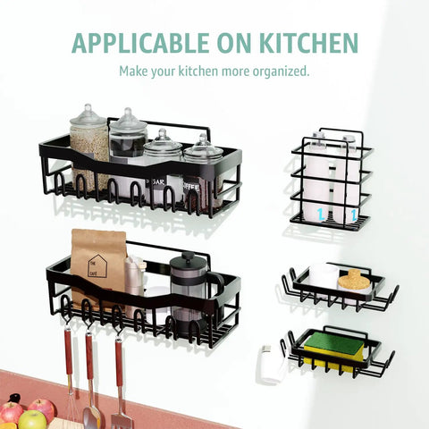 Stick On Shower Caddy Set Five Pack For Rustproof Stainless Steel No Drill Bathroom Organization With Large Capacity Shelves Waterproof Storage Racks For Shower Kitchen Dorm Apartment And Home installed in a kitchen with jars and utensils.