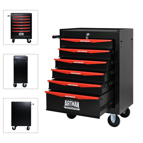 Heavy Duty 20 Inch Rolling Metal Toolbox Cabinet With Six-Drawer Ball Bearing Slides, Steel Tool Storage Organizer in Black and Red