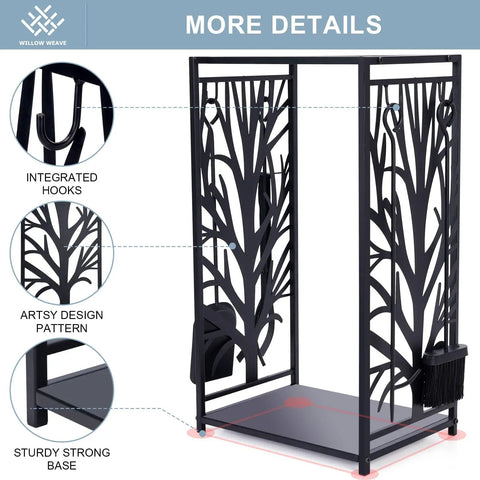 Compact Firewood Rack And Four Tool Set For Fireplace with artsy design, integrated hooks, and sturdy base.