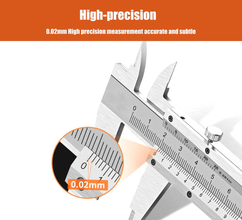 Close-up of Pro Grade 12 Inch Vernier Caliper Stainless Steel Measuring Tool showing 0.02 mm high precision scale