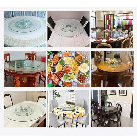 Clear Tempered Glass Rotating Serving Tray Round Turntable For Dining Table 39 Inch Lazy Susan Organizer in various dining setups