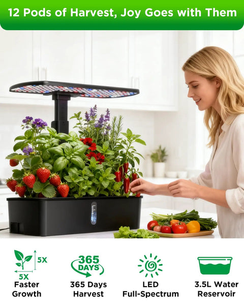 Woman using Indoor Hydroponics Growing System With 12 Pod Kit Grow Light Adjustable Height Auto Timer Ultra Quiet Pump Smart Indoor Herb Garden For Fresh Herbs And Greens No Fuss Setup Great Gift For Women Who Love Kitchen Gardening