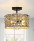 Boho Rattan Drum Ceiling Light With Black Canopy, Two-Light 12 Inch Semi Flush Mount Fixture For Hallway Bedroom Kitchen Entryway