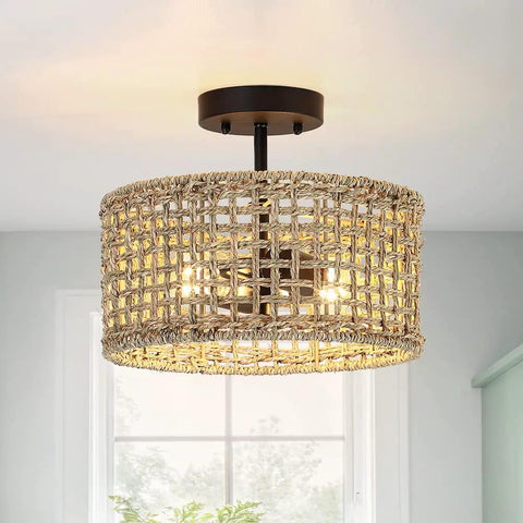 Boho Rattan Drum Ceiling Light With Black Canopy, Two-Light 12 Inch Semi Flush Mount Fixture For Hallway Bedroom Kitchen Entryway